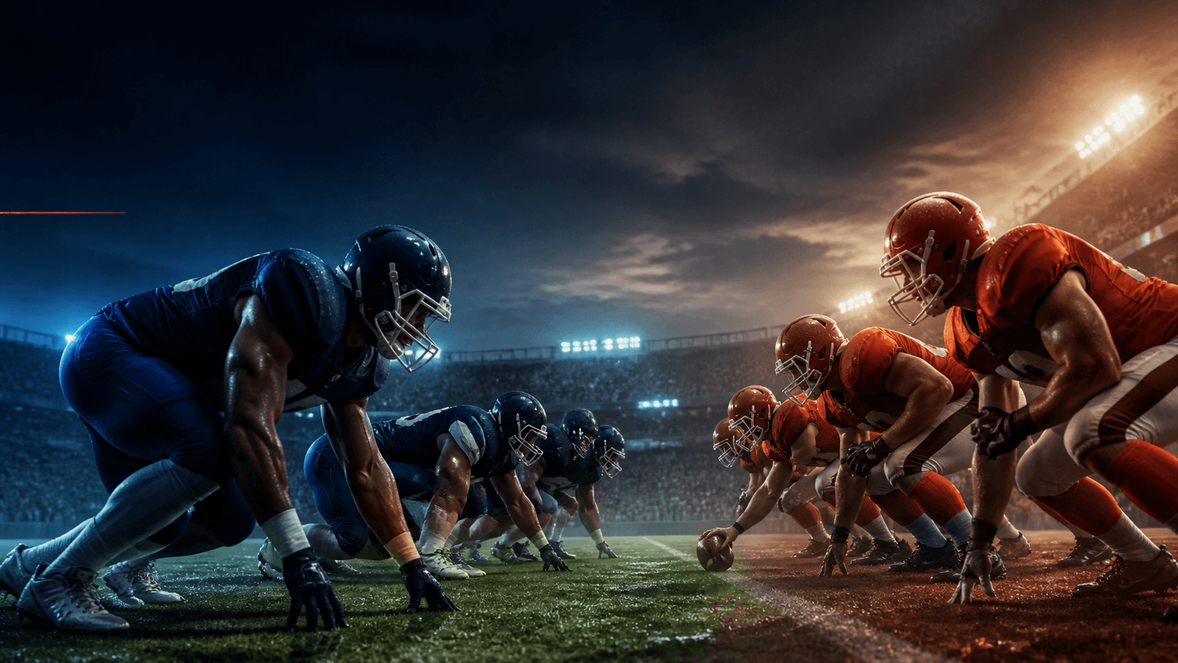 Banner brief: Buffalo and Cleveland players face one another across the line of scrimmage in a wide night-stadium composition, with cool blue light on the left and warm orange light on the right; no official marks or identifiable player likenesses.
