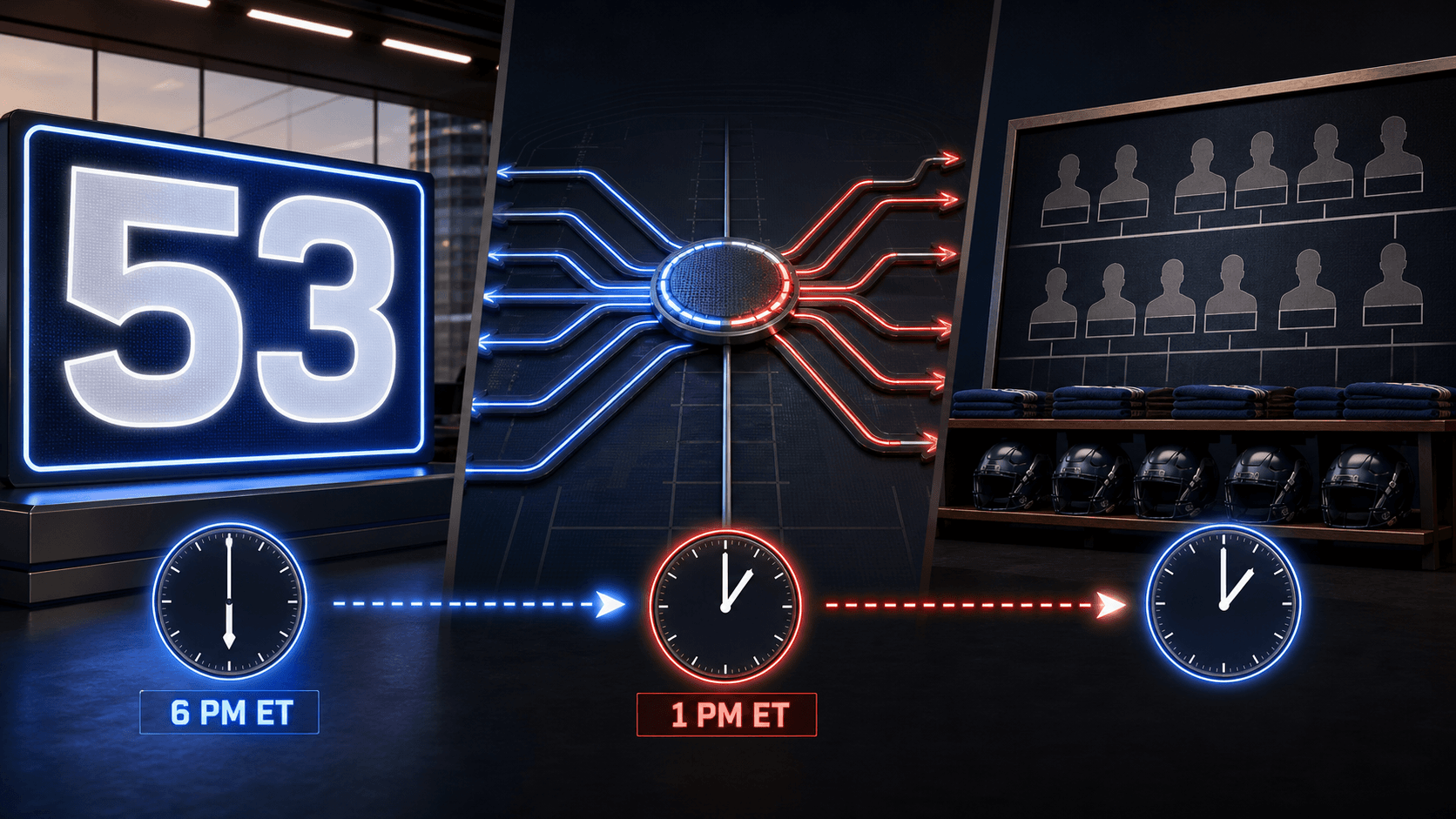 An original FourthWire three-stage roster workflow showing the 53-player cutoff, waiver movement and practice-squad construction with 6 p.m. and 4 p.m. deadline clocks.