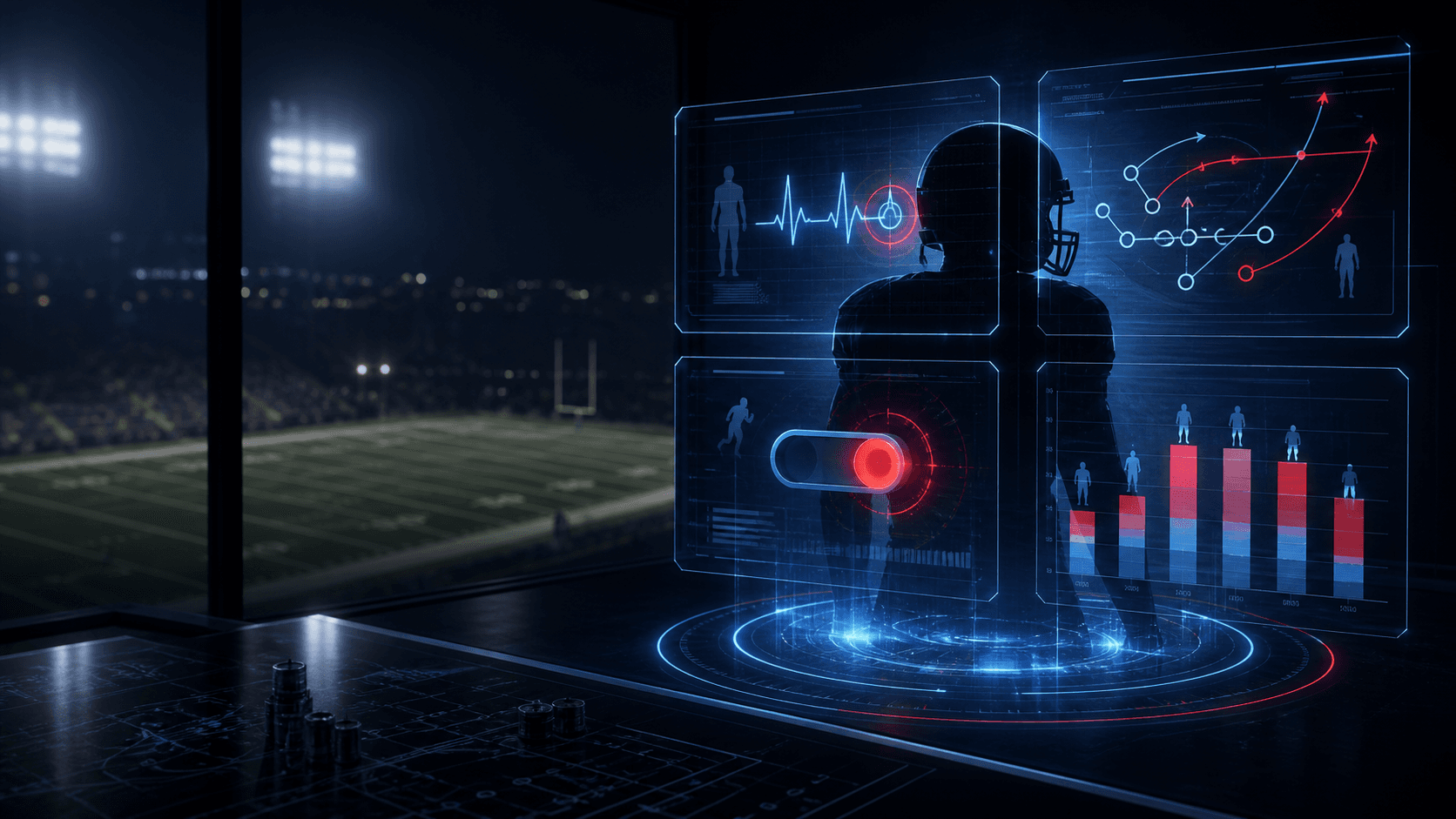 An original FourthWire football analytics studio showing four abstract evidence panels for availability, role, activation and snap share.