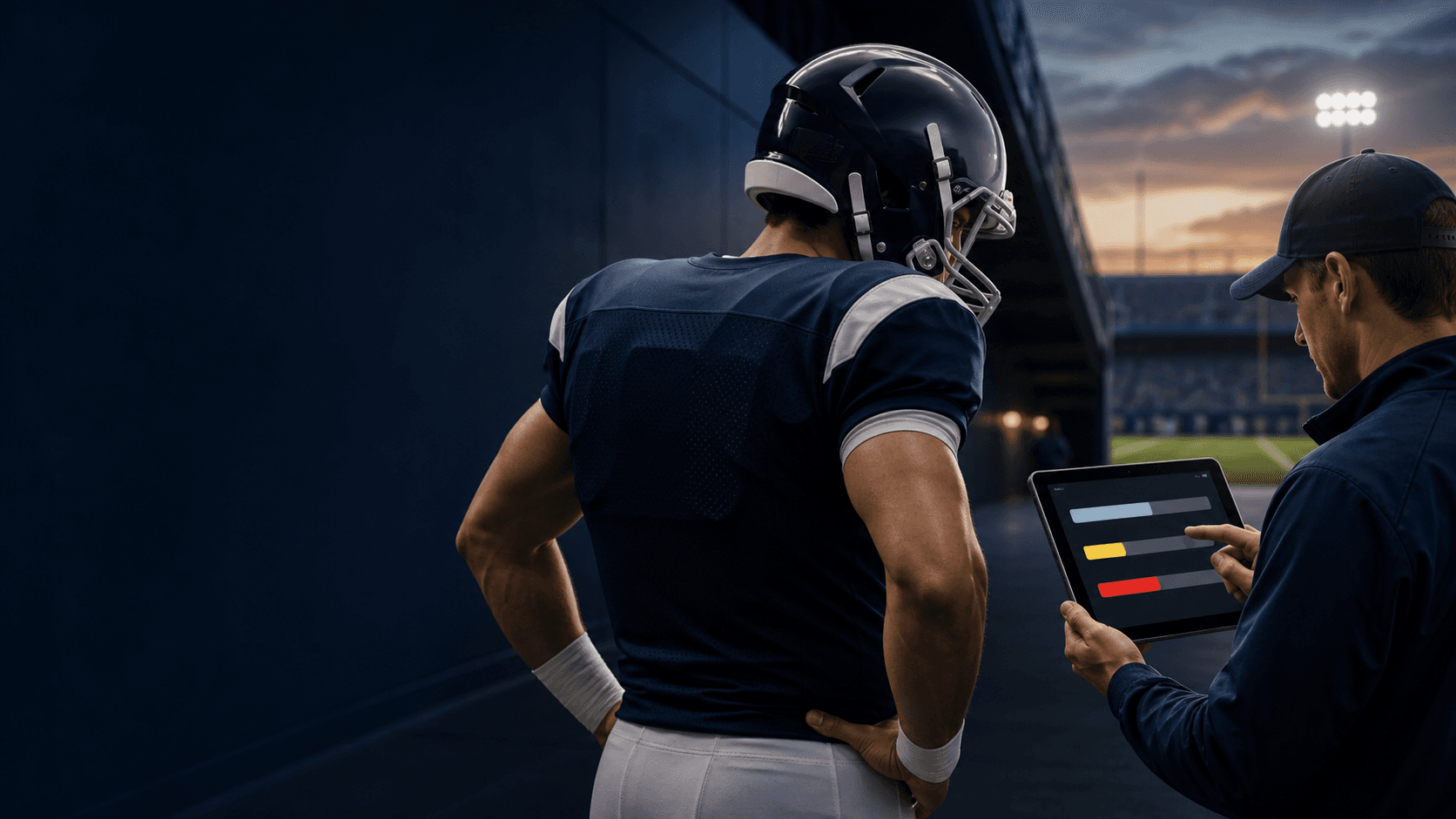 An original FourthWire scene showing an anonymous football player and athletic trainer reviewing three abstract readiness indicators beside a stadium tunnel.