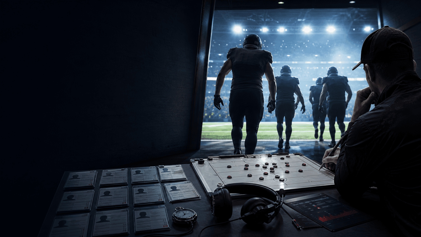Anonymous football players enter a brightly lit stadium while an analyst reviews roster cards and tactical evidence in the tunnel.