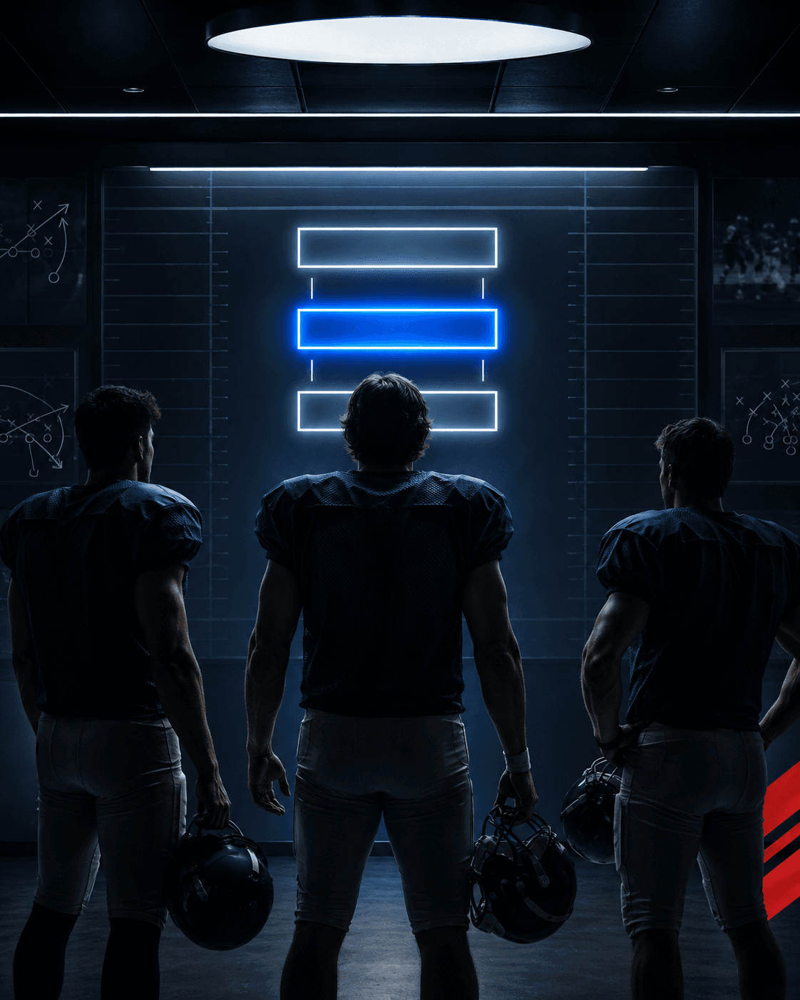 Three anonymous quarterbacks face an illuminated depth chart with the middle lane highlighted in blue.